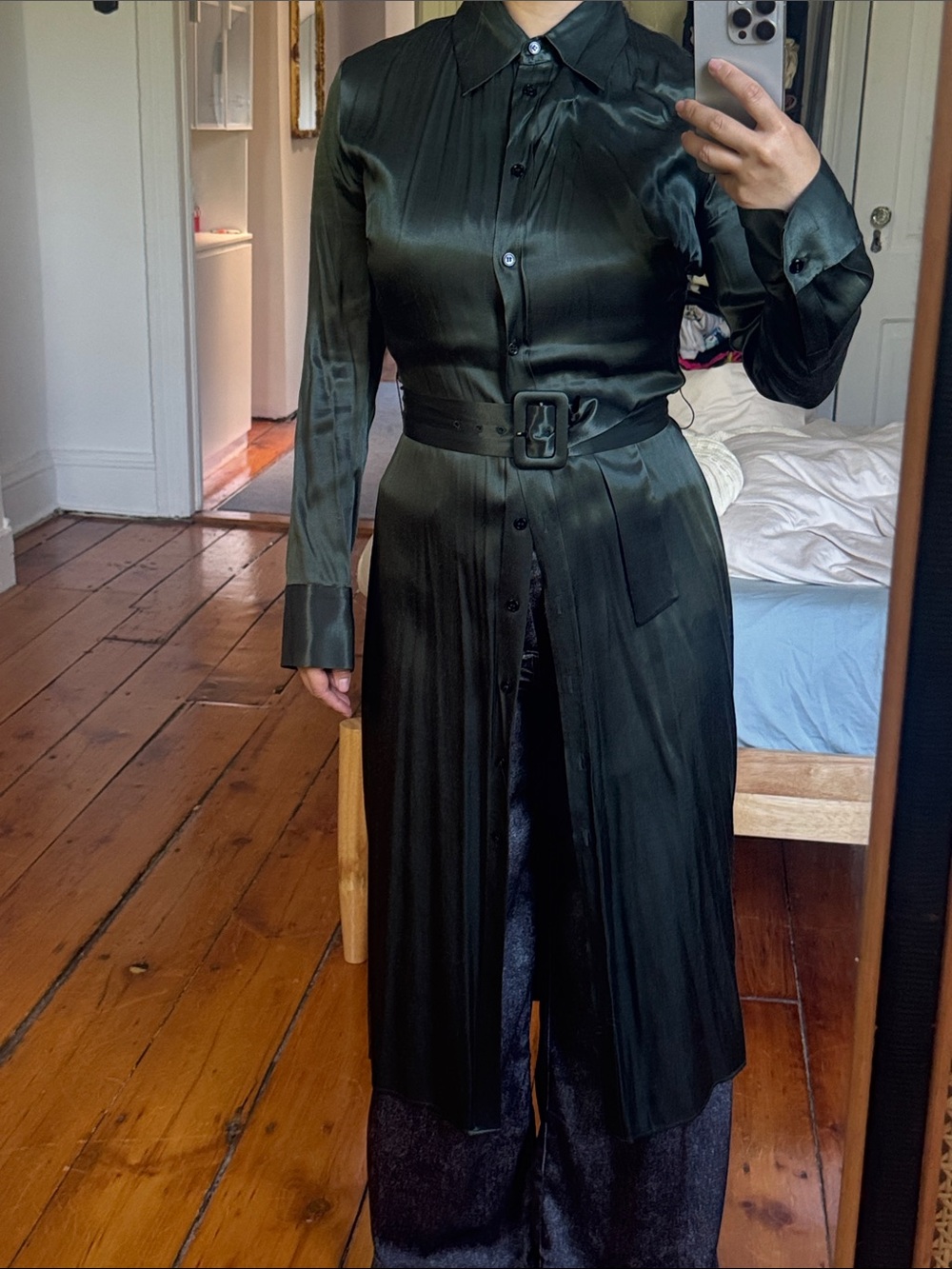 Zara Dark Green Satin Belted Shirt Dress